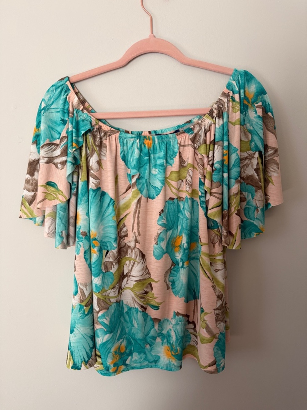 Turquoise Floral Off-Shoulder Blouse with Flutter Sleeves